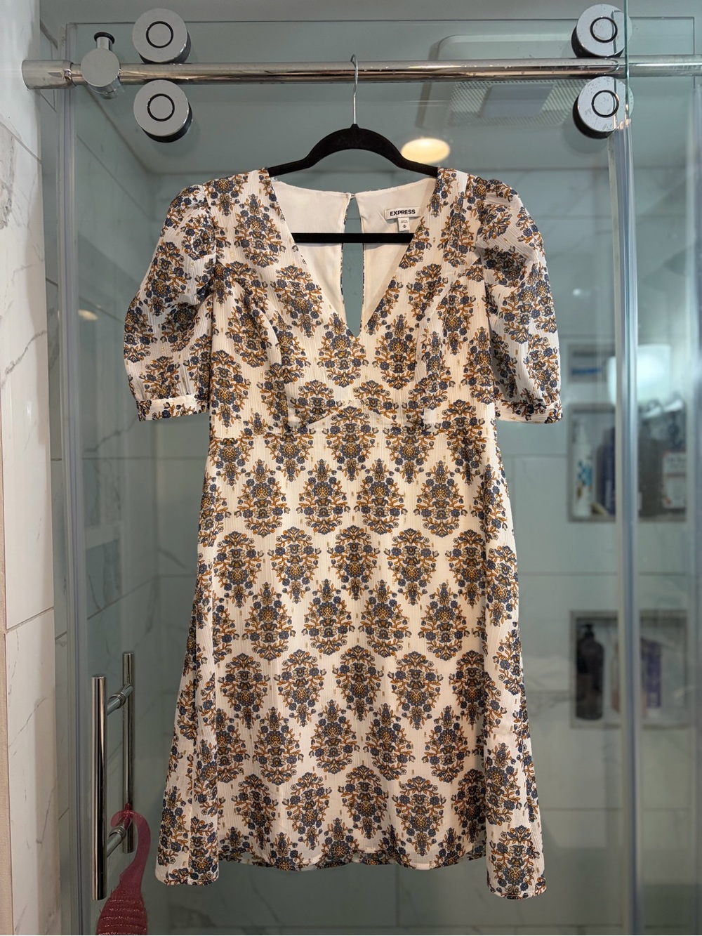 Express Cream and Blue Floral V-Neck Dress